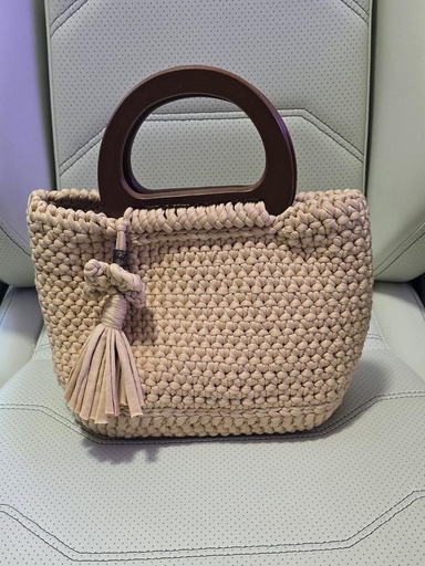 Beige Crochet Handbag with Round Wooden Handles and Tassel