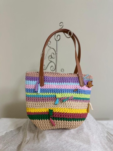 Colorful Striped Crochet Tote Bag – Handmade with Leather Handles and Tassel Accents