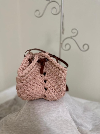 Mini Blush Crochet Crossbody Pouch – Drawstring Design with Brown Leather Strap