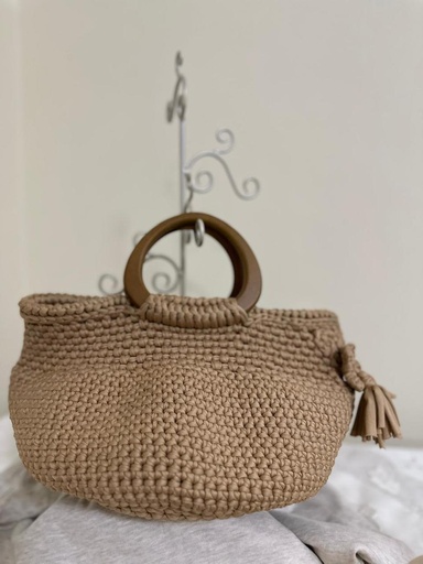 Camel Brown Crochet Handbag – Round Wooden Handles with Handmade Tassel