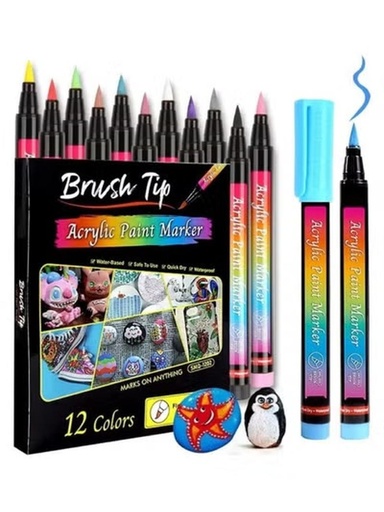 Acrylic Paint Pens Brush Tip, 12 Basic Colors Markers. Set for Rock Painting, Calligraphy, Scrapbooking, Lettering, Card Making, Sketching, Black Paper, DIY Photo Album
