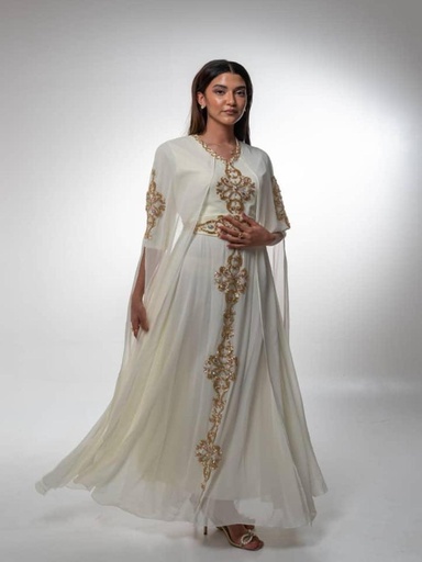 Women's crepe dress with embroidery and wide chiffon sleeves